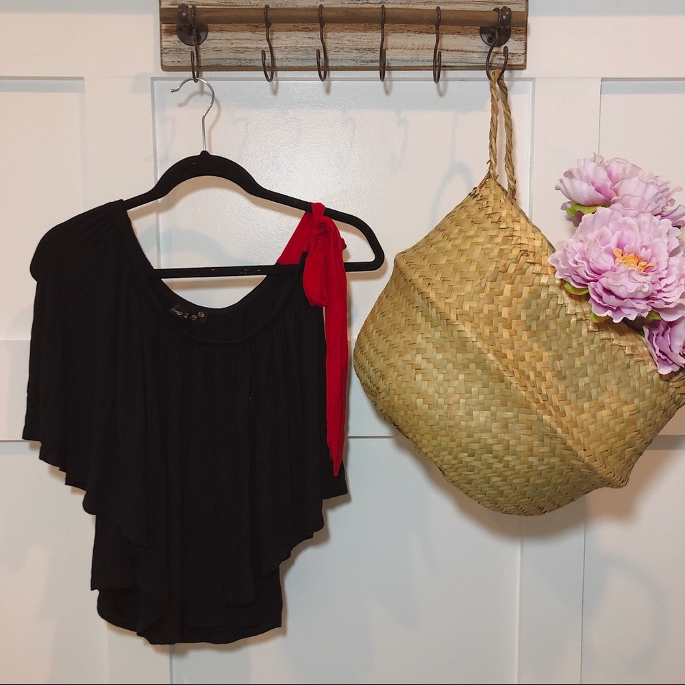 James & Joy Black Red Bow Tie Shoulder Top